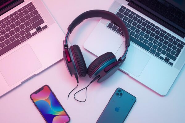 headphones, laptop and phone